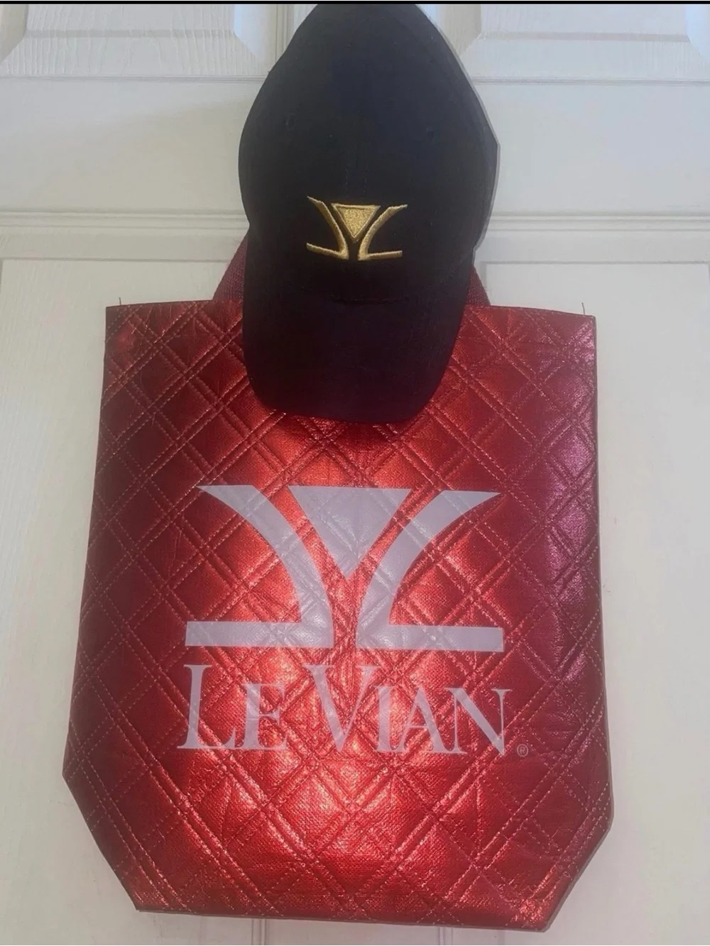 Levian Metallic Red Quilted Logo Tote With Levian Black Cap